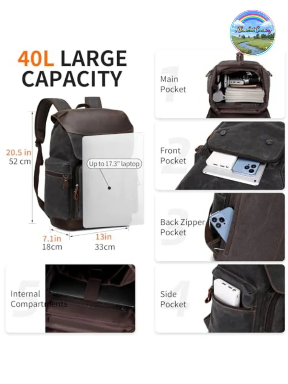 Waxed Canvas Leather Backpack Laptop 17.3 Inch Men Travel Rucksack